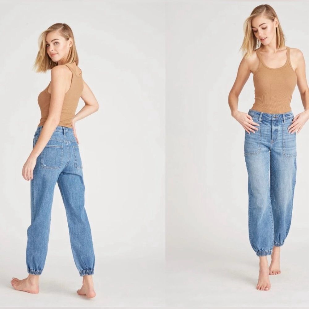 Driftwood Women’s High Rise Jogger Jeans Gathered Cuffed Patch Pockets SZ 32 14